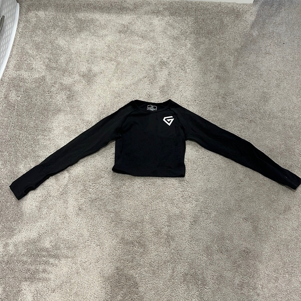 Black, long-sleeved crop workout shirt